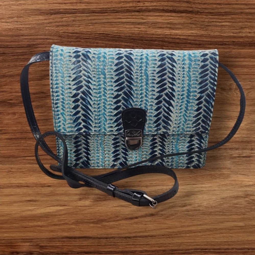 Patricia Nash Embossed Wicker Woven Leather Blue Laurentina Crossbody Bag